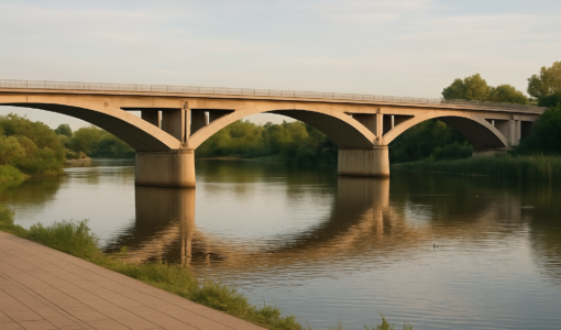Vista editorial del lugar asociado a El Guadiana urbano: puente, ribera y ciudad de las aves