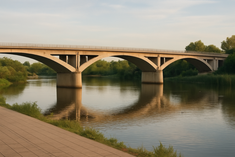 Vista editorial del lugar asociado a El Guadiana urbano: puente, ribera y ciudad de las aves