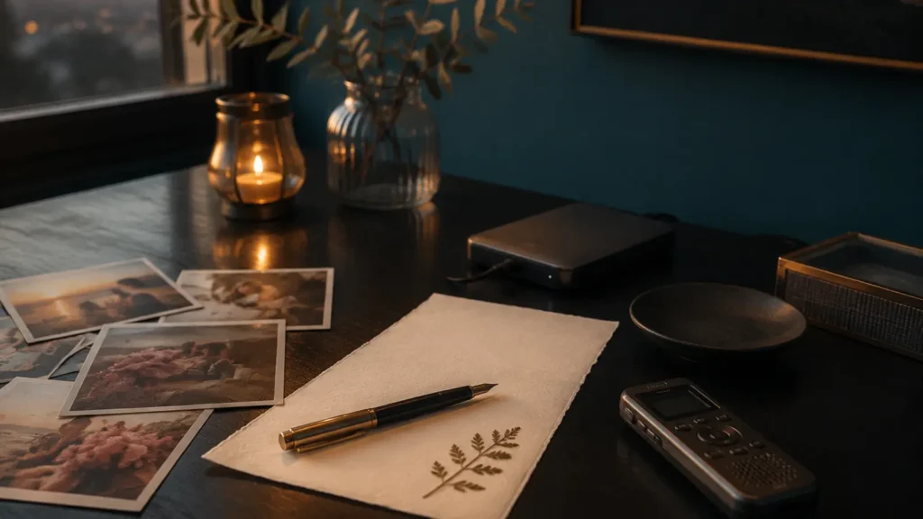 Carta, fotografías y grabadora preparadas sobre una mesa para crear una cápsula del tiempo digital
