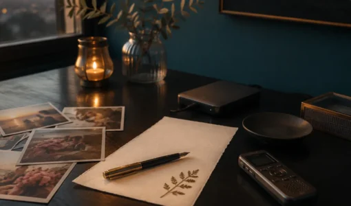 Carta, fotografías y grabadora preparadas sobre una mesa para crear una cápsula del tiempo digital